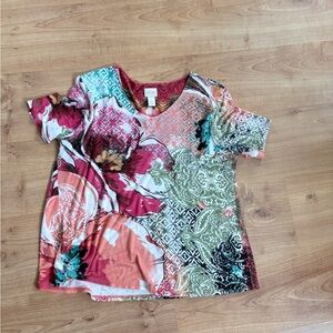 Chico's Short Sleeve Floral & Pattern Mix Top in Pink, Coral & Teal